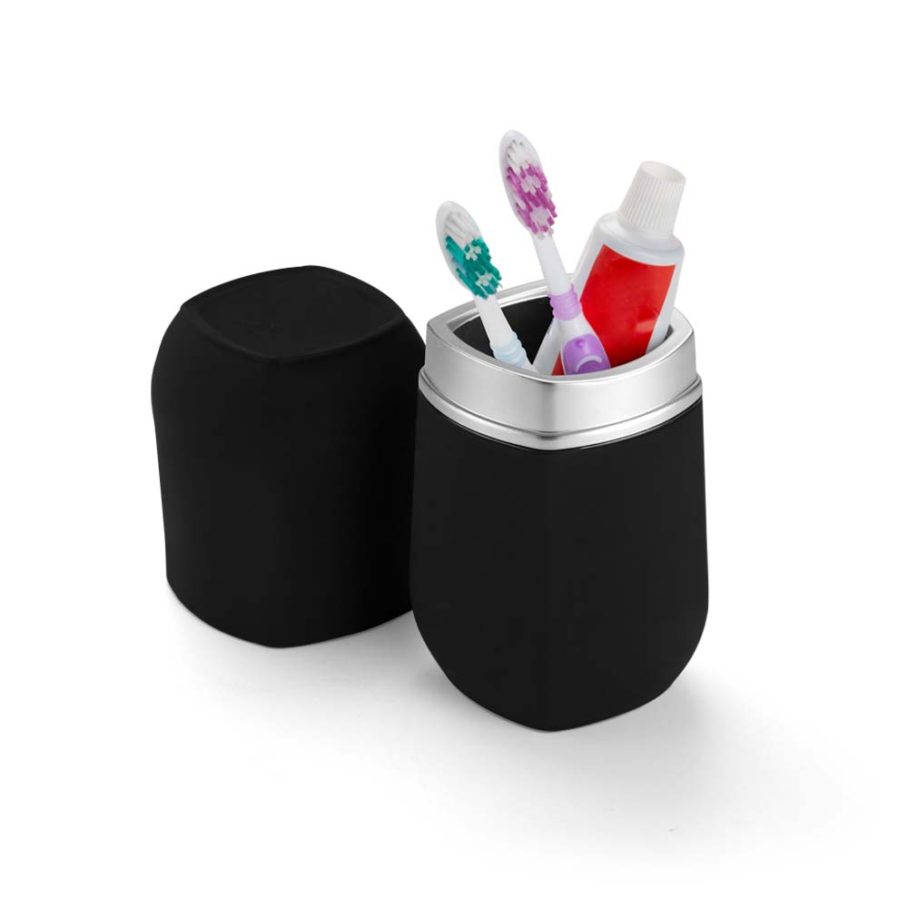 Porta Escova E Creme Dental Com Tampa Preto Com Cromado - 8,5 x 20,5 cm