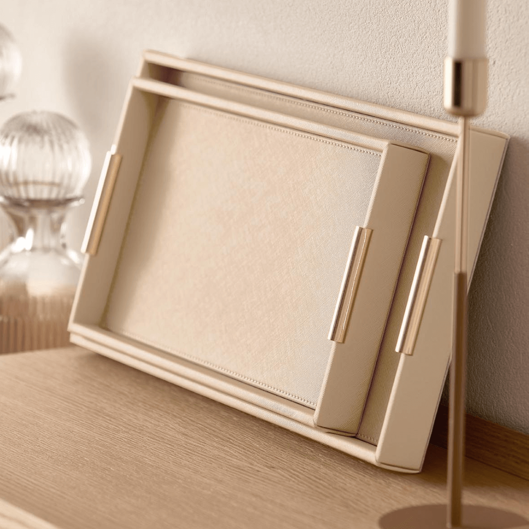 Bandeja Decorativa em MDF e PU Bege 33cm