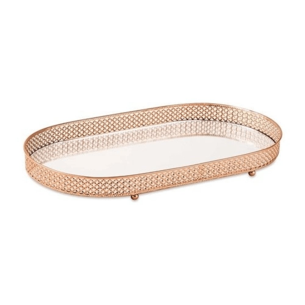 Bandeja Rose Gold em Metal com Espelho Oval M - 33 cm