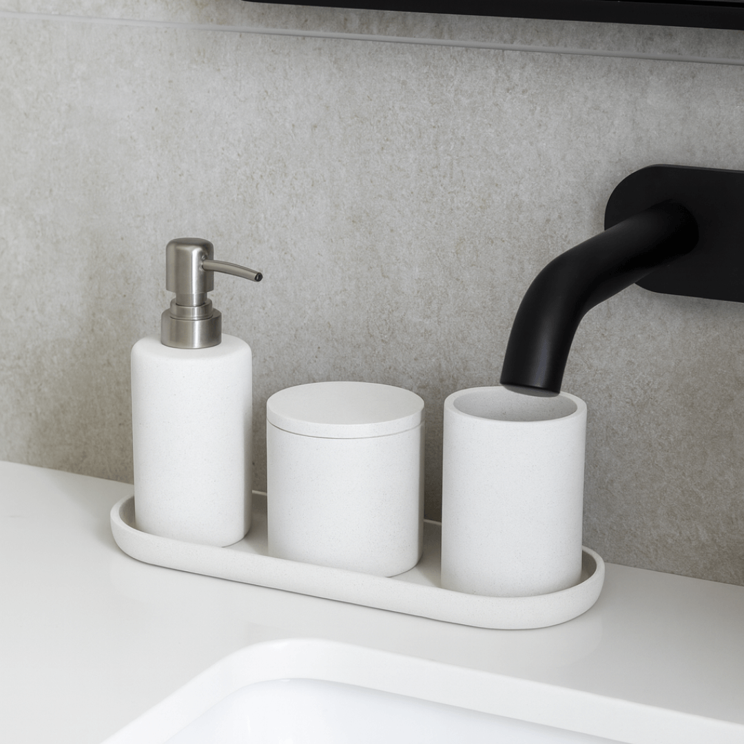 Kit para Banheiro em Cimento Branco e Cromado 4 Peças