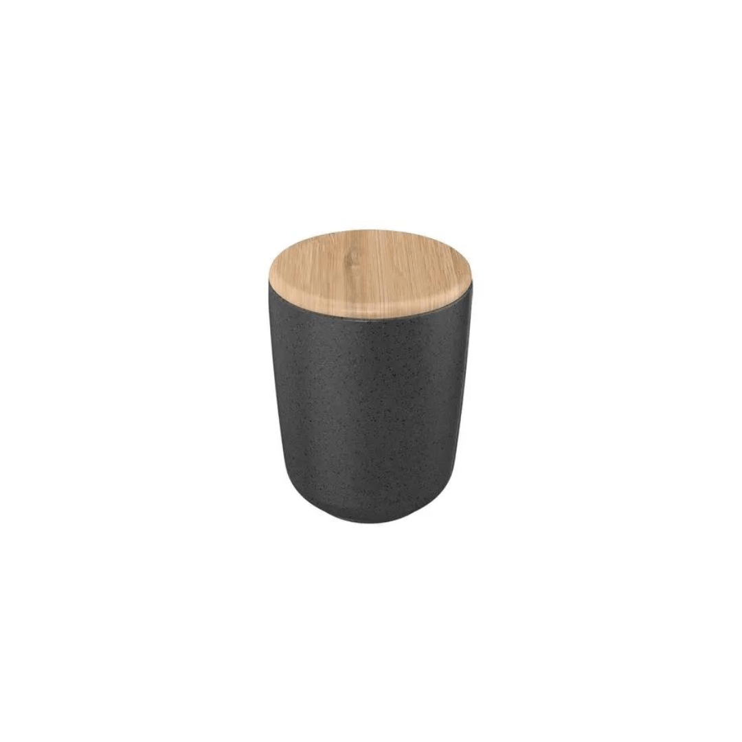 Porta Algodão e Cotonete Cerâmica com Tampa de Bambu Preto Marmorizado