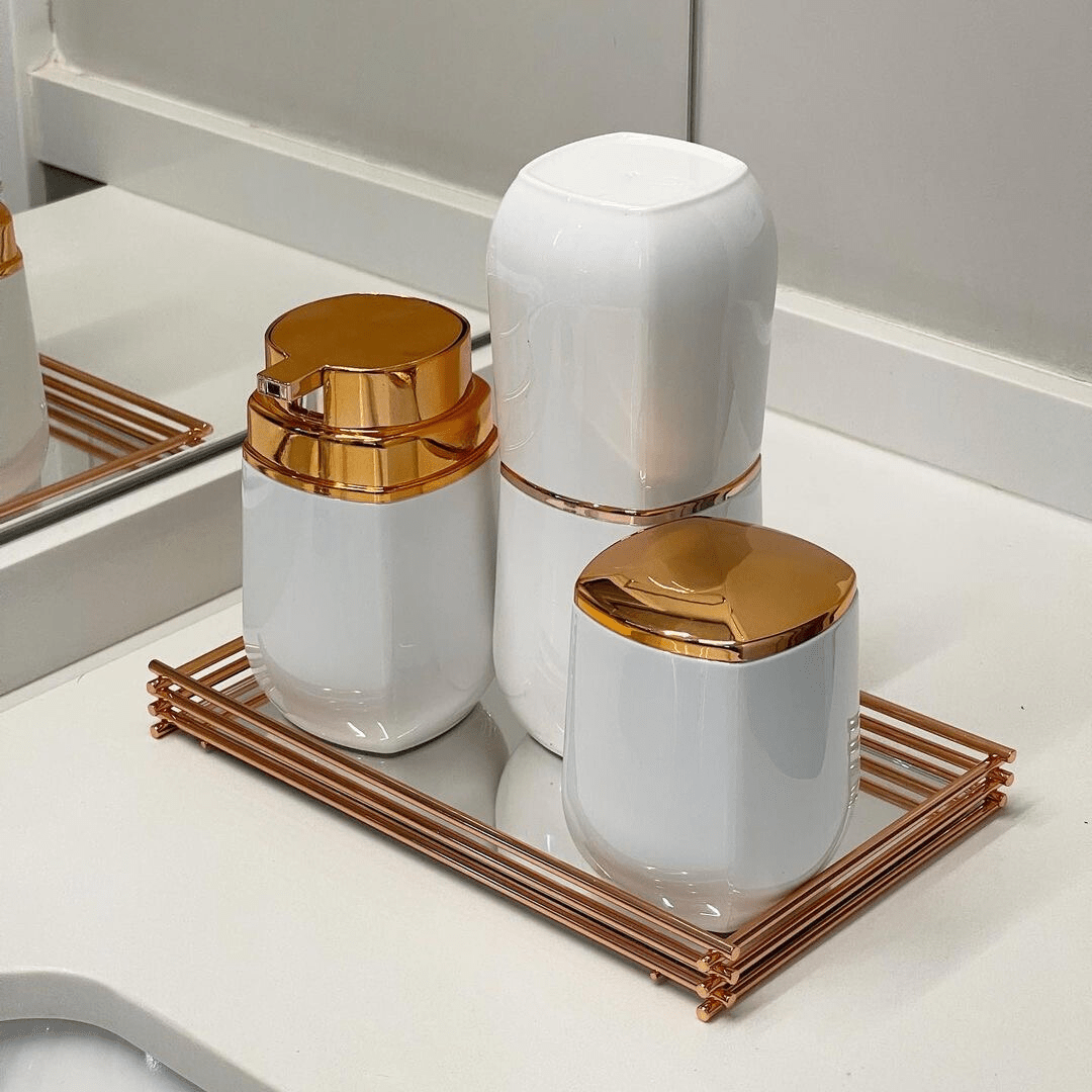 Porta Cotonete e Algodão Branco e Dourado