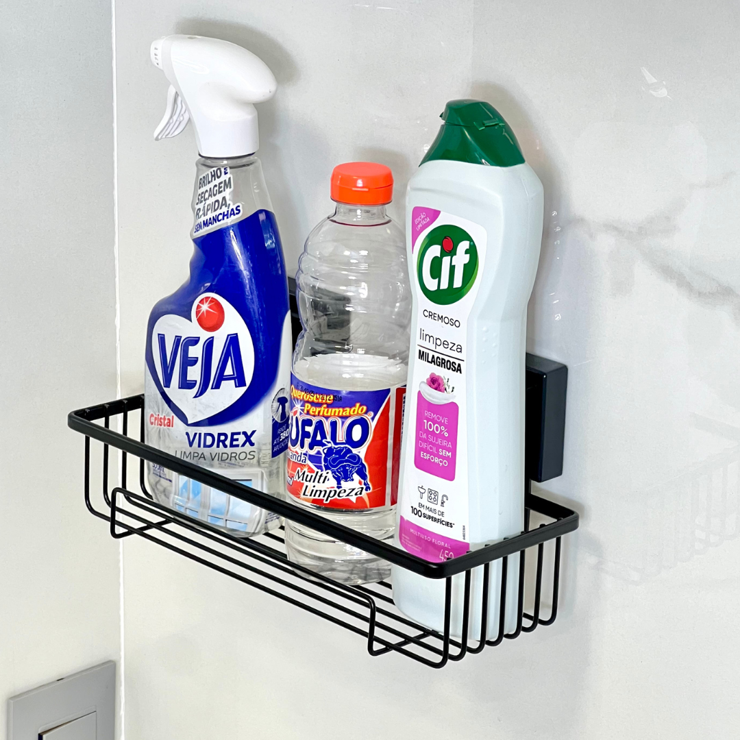Suporte Moderno Para Shampoo Com Ventosa 28 cm Preto Fosco de Alta Resistencia