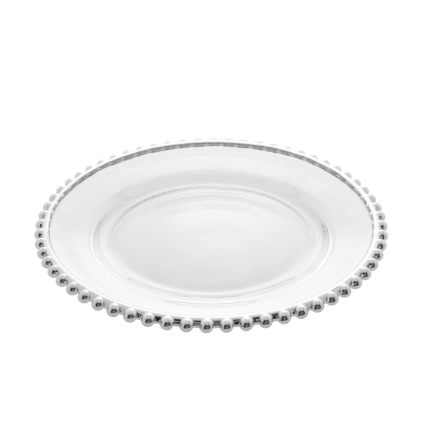 Prato Raso Cristal com Borda Bolinha Prata Pearl - 27,6 cm