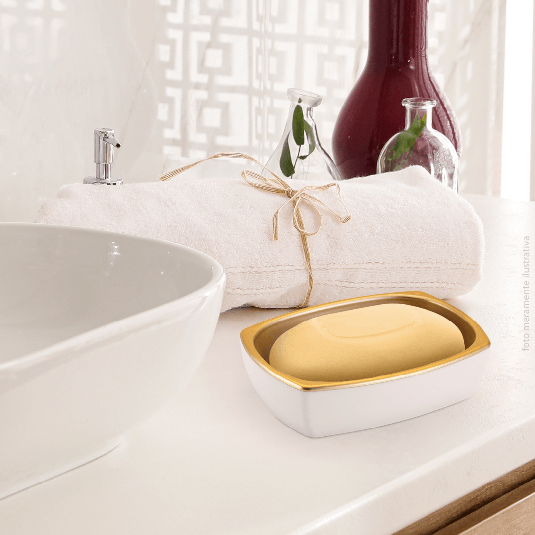 Saboneteira Branco Com Dourado Fosco