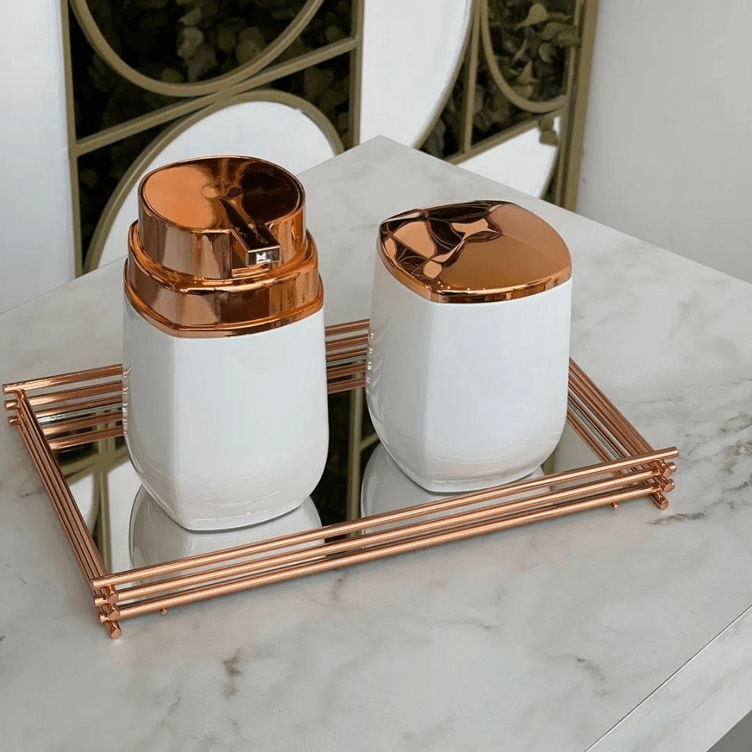 Porta Sabonete Líquido Álcool Gel e Dispenser Detergente Branco com Rose Gold - 450ml