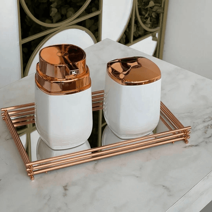 Porta Sabonete Líquido Álcool Gel e Dispenser Detergente Branco com Rose Gold - 450ml