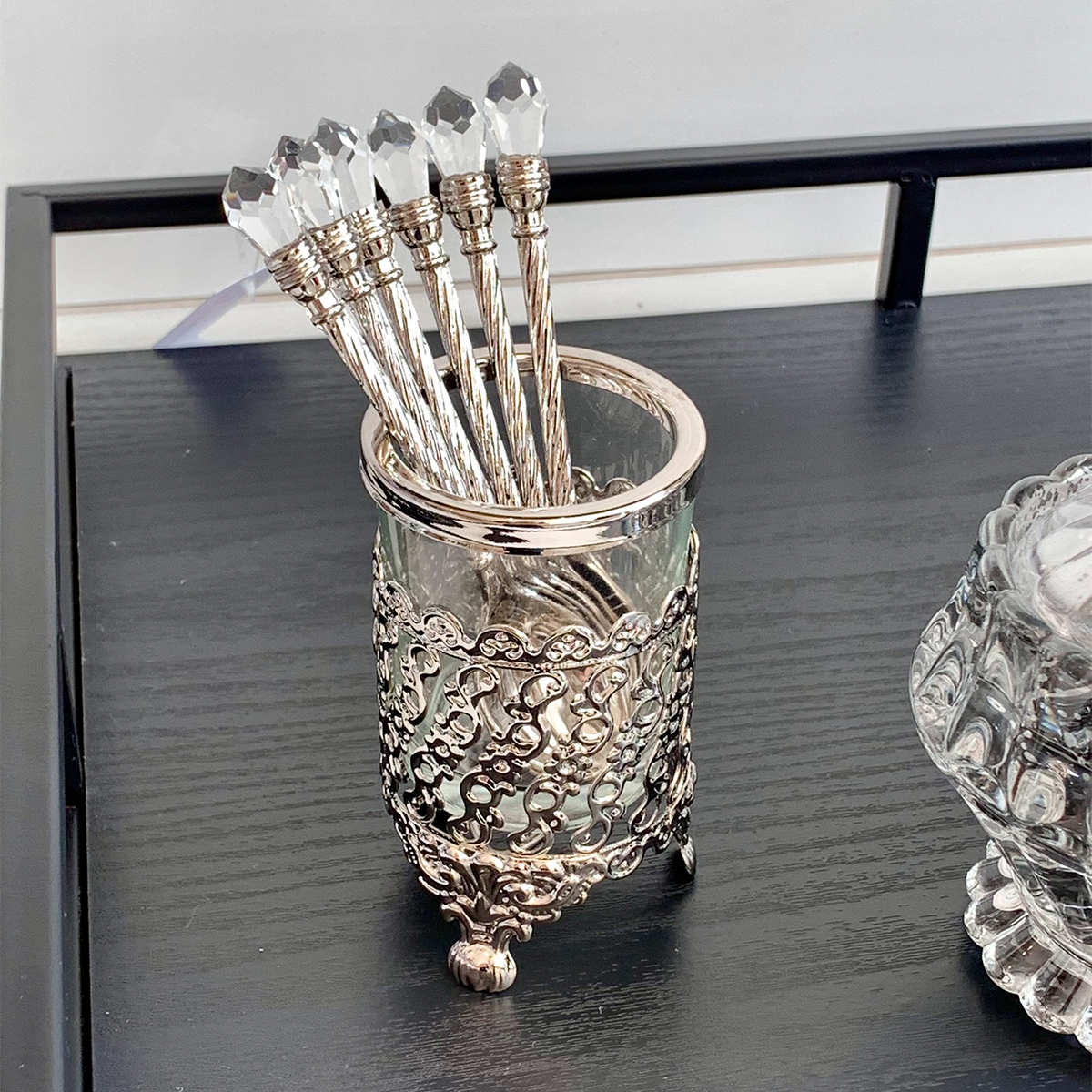 Conjunto 6 Colheres Com Suporte De Zamac Niquelado Crystal 14cm