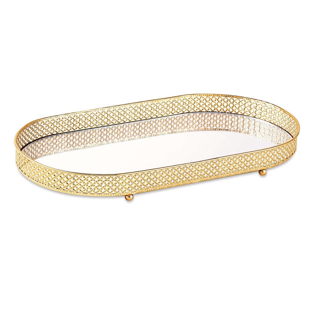 Bandeja em Metal com Espelho Dourado G 38,5cm x 20,5cm x 4cm
