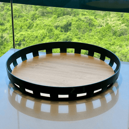 Bandeja Redonda Lume Plástico e Bambu Preta 35cm