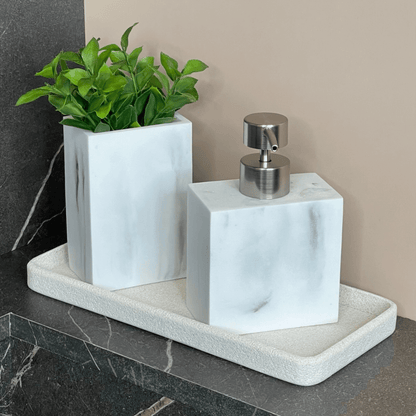 Dispenser Porta Sabonete Liquido em Poliresina Branco Marmorizado 15cm