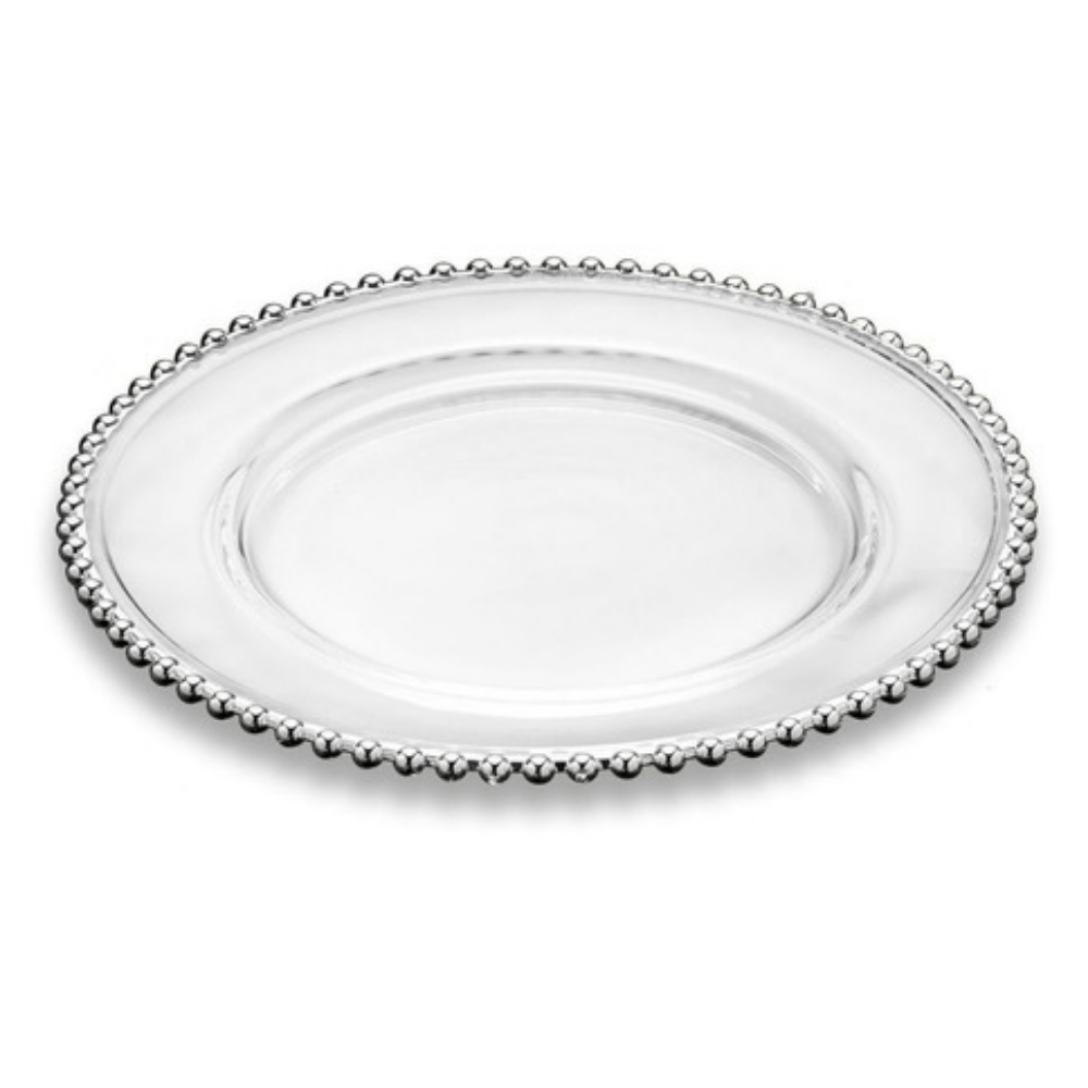 Prato Raso Cristal com Borda Bolinha Prata Pearl - 27,6 cm