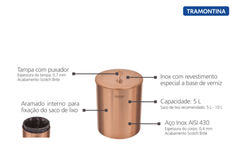 Lixeira 5 Litros Aço Inox Polido Verniz Rose Gold Luxo Tramontina