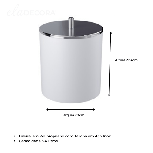 Lixeira Com Tampa Inox 19,5 x 20 x 22,4 cm 5,4 L - Branca