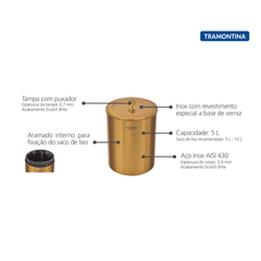 Lixeira Dourada Luxo 100% Aço Inox 5 Litros Tramontina