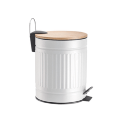 Lixeira Fluted de Metal com Tampa e Pedal de Bambu Branca 5 Litros