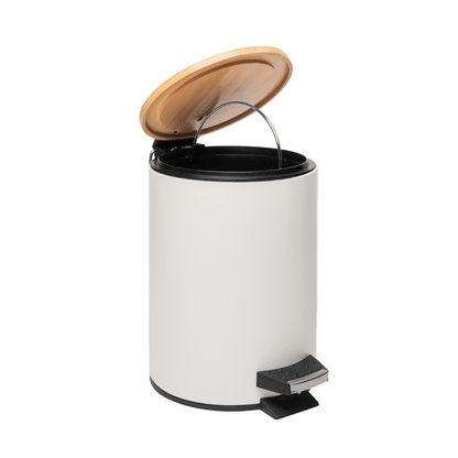Lixeira Redonda Metal com Pedal e Tampa Bambu Branca 5 Litros