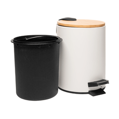 Lixeira Redonda Metal com Pedal e Tampa Bambu Branca 5 Litros