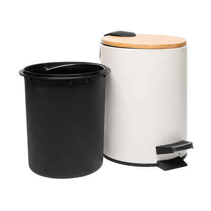 Lixeira Redonda Metal com Pedal e Tampa Bambu Branca 5 Litros