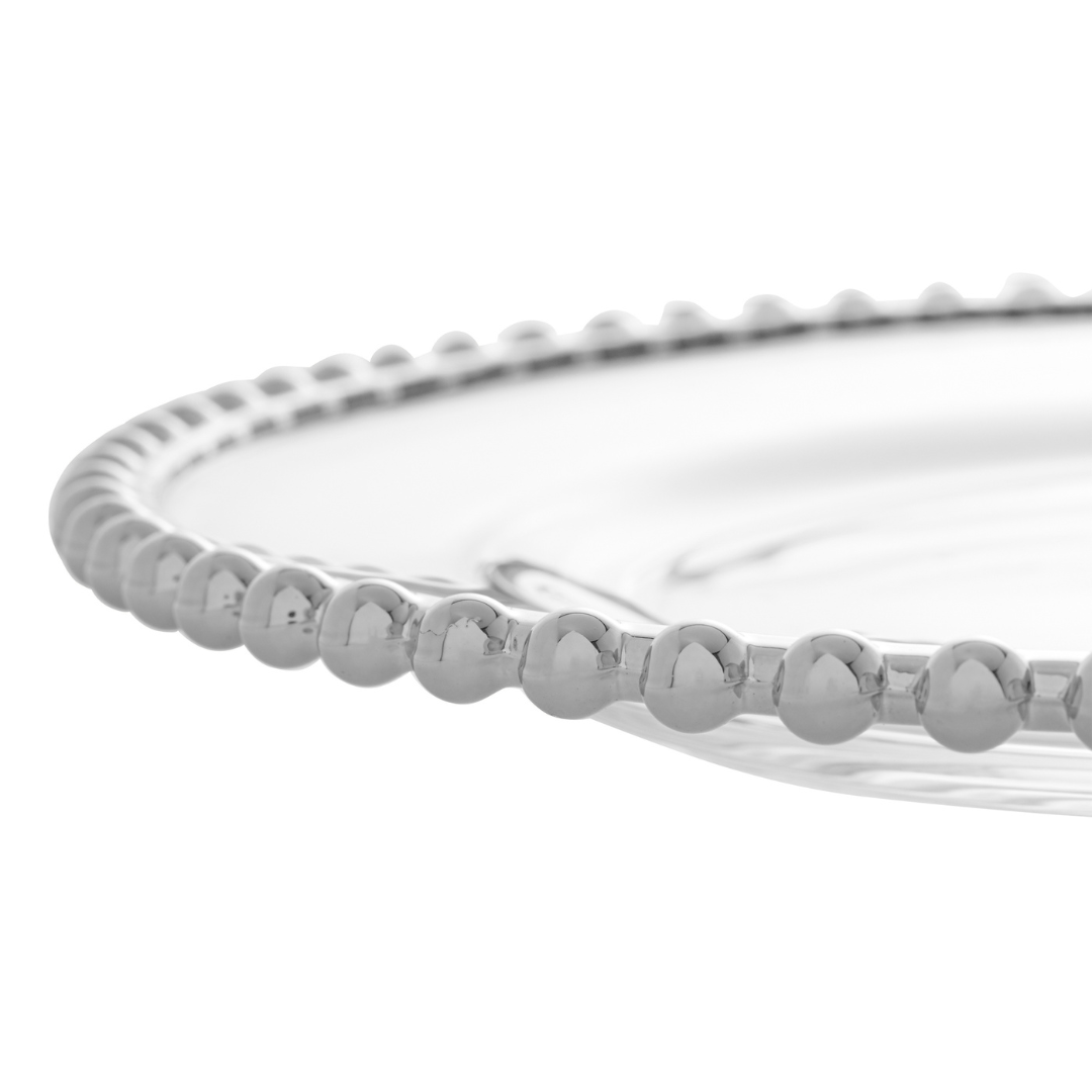 Prato Raso Cristal com Borda Bolinha Prata Pearl - 27,6 cm