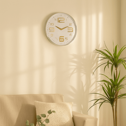 Relógio de Parede Moderno em Plástico Branco e Dourado 25cm