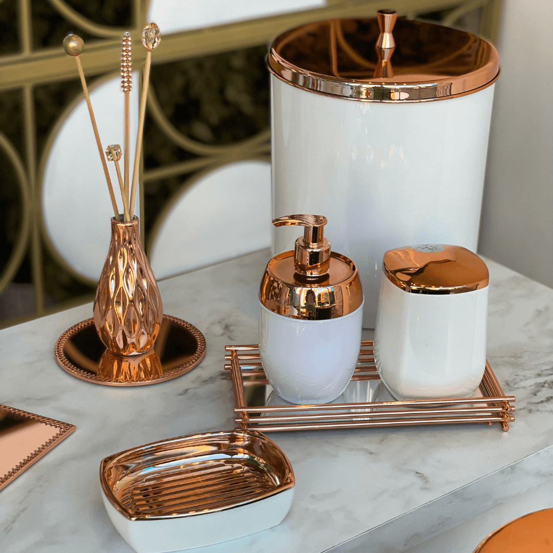 Saboneteira Bancada Branco e Rose Gold
